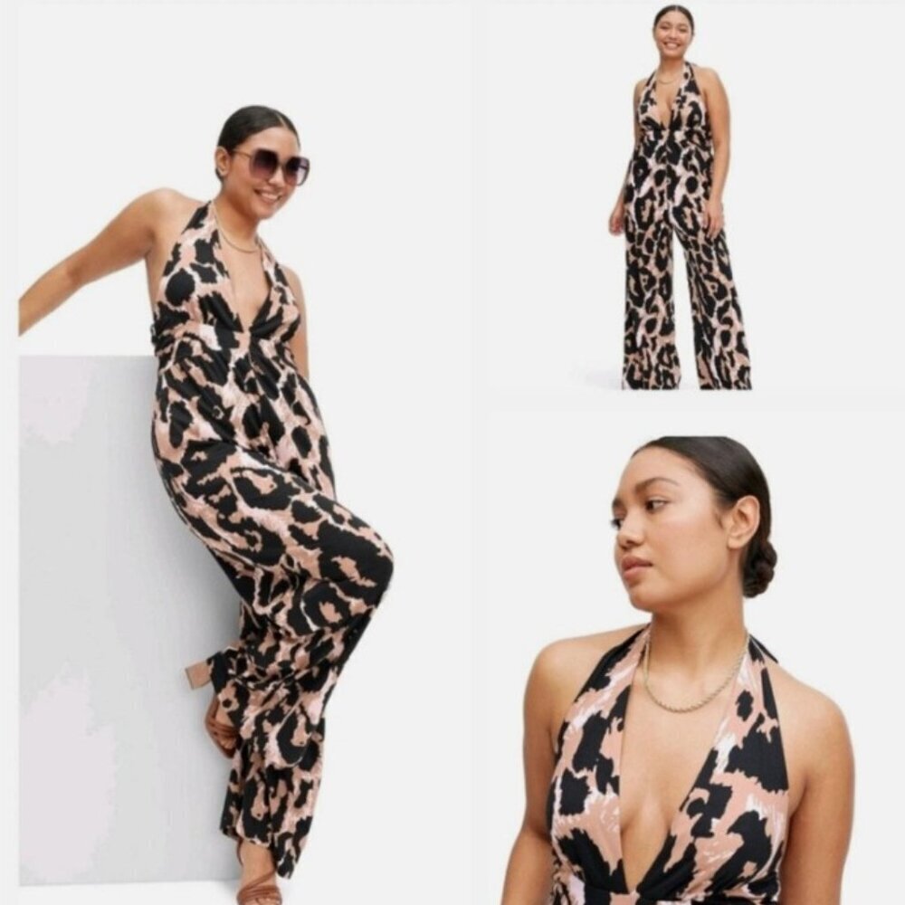 Diane von Furstenberg Target Leopard Halter Jumpsuit Neutral Black Tan S Like Nw